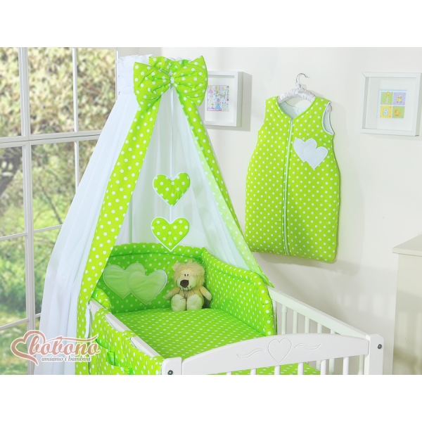 Set Biancheria da Letto con Baldacchino e Paracolpi 11 parti Verde Pois Bianchi Cuori
