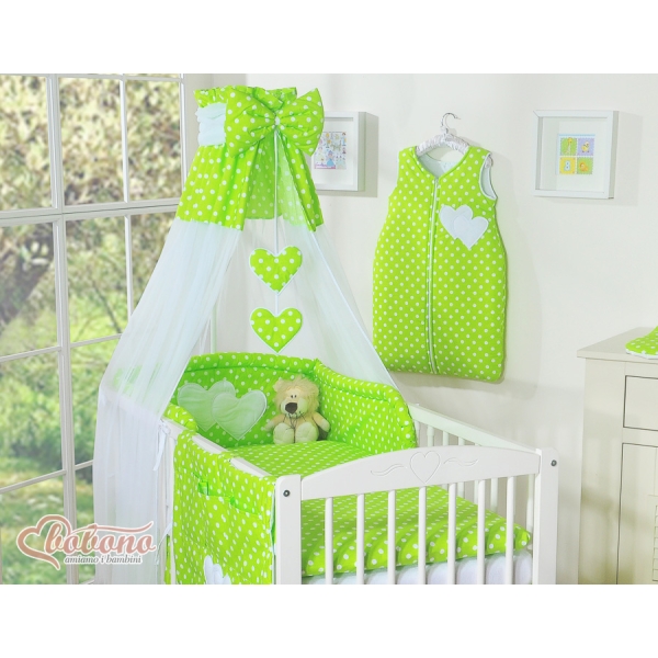 Set Biancheria da Letto con Baldacchino e Paracolpi 11 parti Verde Pois Bianchi Cuori