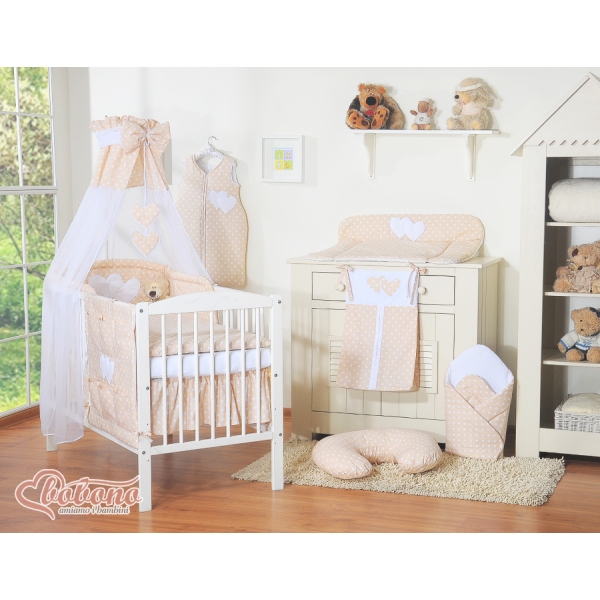 Set Biancheria da Letto con Baldacchino e Sacco Nanna 11 parti Beige Pois Bianchi Cuori