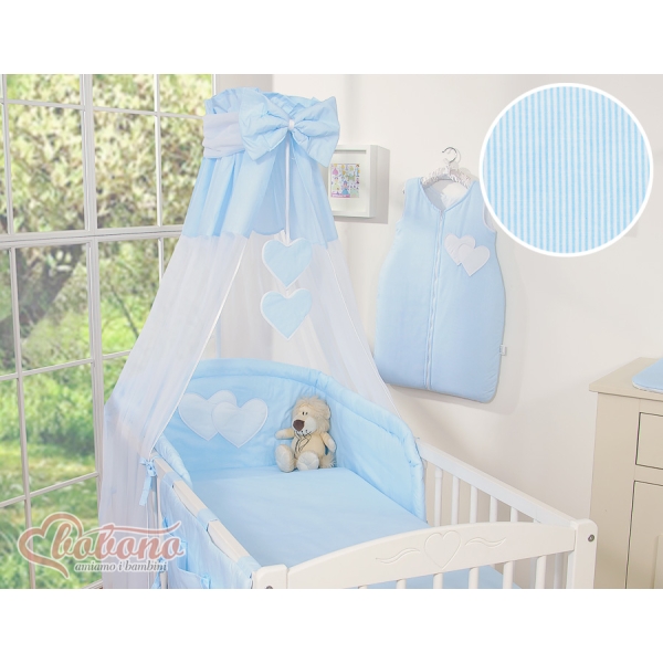 Set Biancheria da Letto con Baldacchino e Sacco Nanna 11 parti Blu a Strisce Cuori