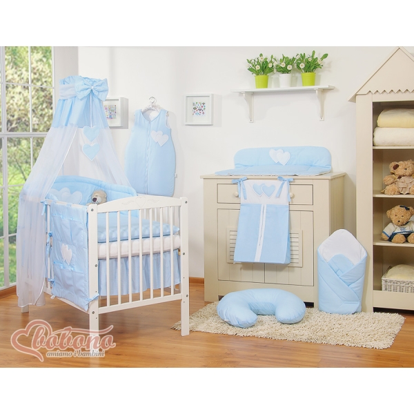 Set Biancheria da Letto con Baldacchino e Sacco Nanna 11 parti Blu a Strisce Cuori