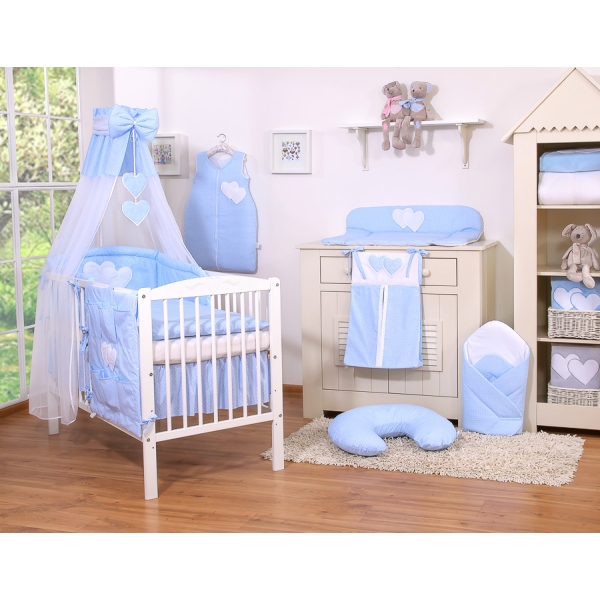 Set Biancheria da Letto con Baldacchino e Sacco Nanna 11 parti Blu Pois Bianchi Cuori