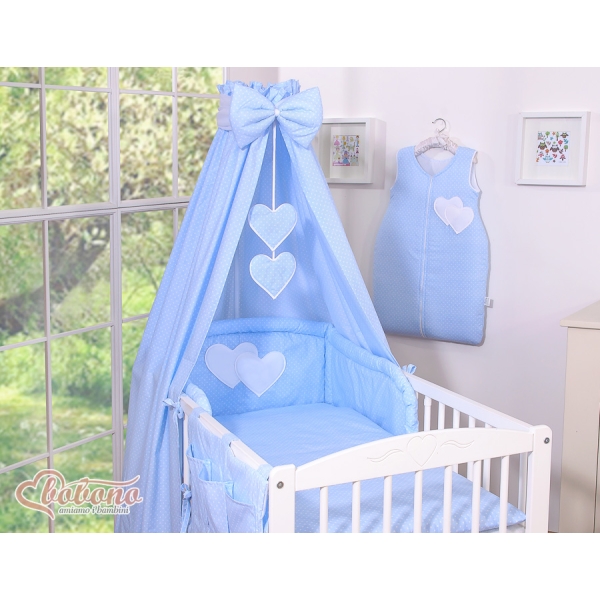 Set Biancheria da Letto con Baldacchino e Sacco Nanna 11 parti Blu Pois Bianchi Cuori
