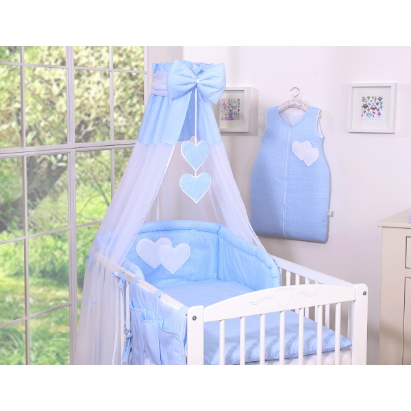 Set Biancheria da Letto con Baldacchino e Sacco Nanna 11 parti Blu Pois Bianchi Cuori