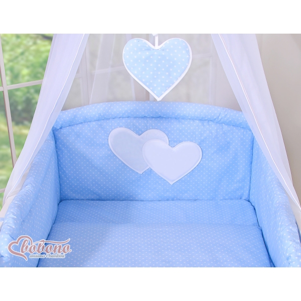 Set Biancheria da Letto con Baldacchino e Sacco Nanna 11 parti Blu Pois Bianchi Cuori