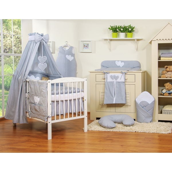 Set Biancheria da Letto con Baldacchino e Sacco Nanna 11 parti Grigio Pois Bianchi Cuori