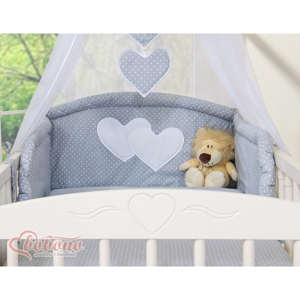 Set Biancheria da Letto con Baldacchino e Sacco Nanna 11 parti Grigio Pois Bianchi Cuori