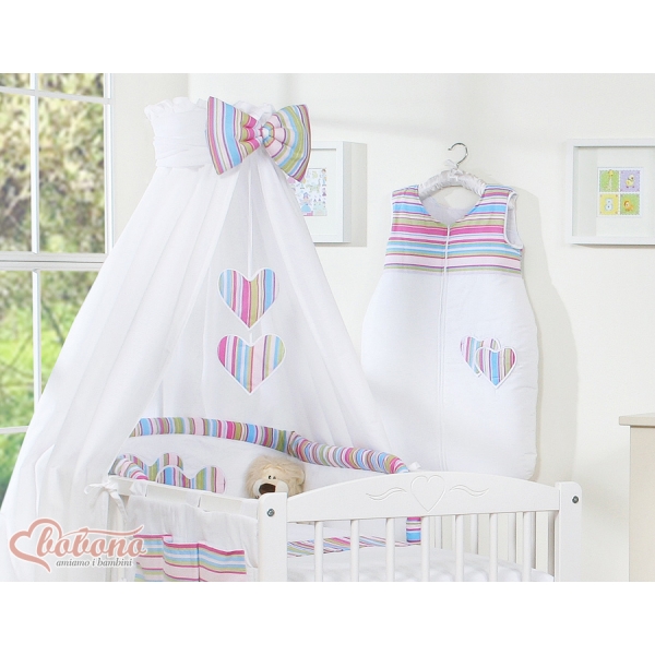 Set Biancheria da Letto con Baldacchino e Sacco Nanna 11 parti Lilla a Strisce Cuori