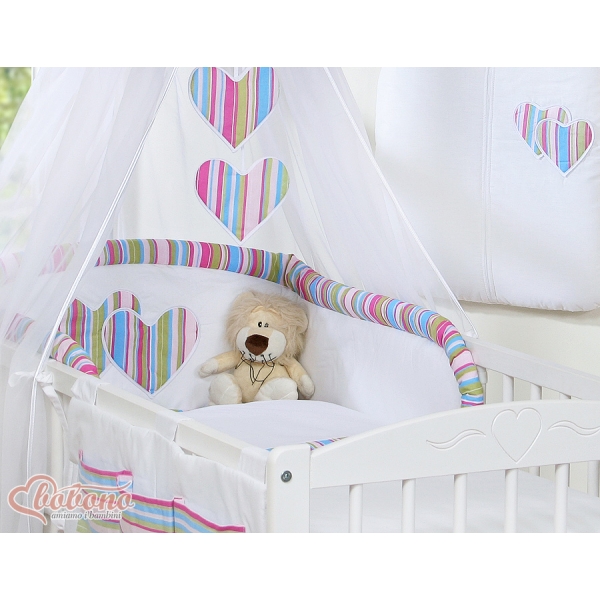 Set Biancheria da Letto con Baldacchino e Sacco Nanna 11 parti Lilla a Strisce Cuori