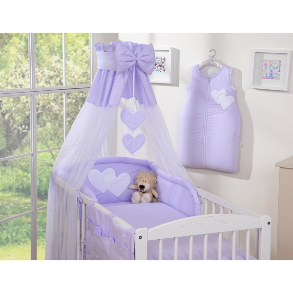 Set Biancheria da Letto con Baldacchino e Sacco Nanna 11 parti Lilla Cuori