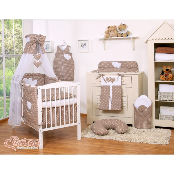 Set Biancheria da Letto con Baldacchino e Sacco Nanna 11 parti Marrone Pois Bianchi Cuori