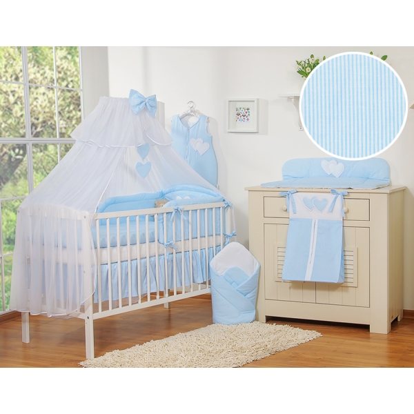 Set Biancheria da Letto con Zanzariera 5 parti Blu a Strisce Cuori