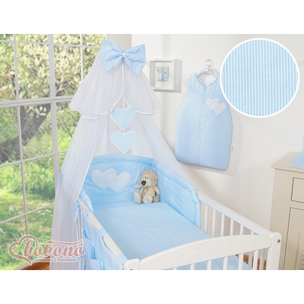 Set Biancheria da Letto con Zanzariera 5 parti Blu a Strisce Cuori