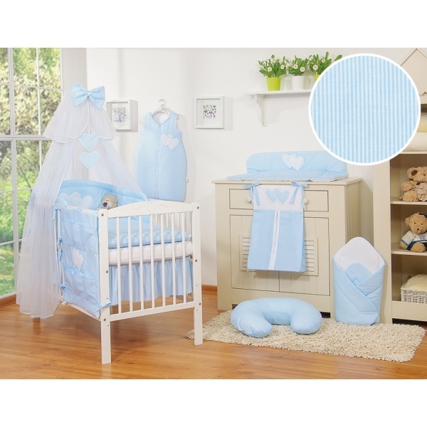 Set Biancheria da Letto con Zanzariera 5 parti Blu a Strisce Cuori
