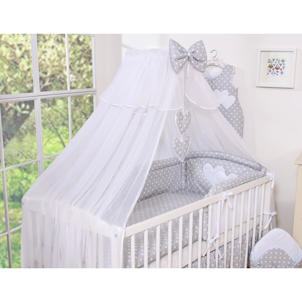 Set Biancheria da Letto con Zanzariera 5 parti Grigio Pois Bianchi Cuori