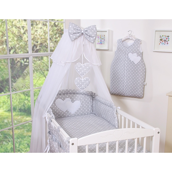 Set Biancheria da Letto con Zanzariera 5 parti Grigio Pois Bianchi Cuori
