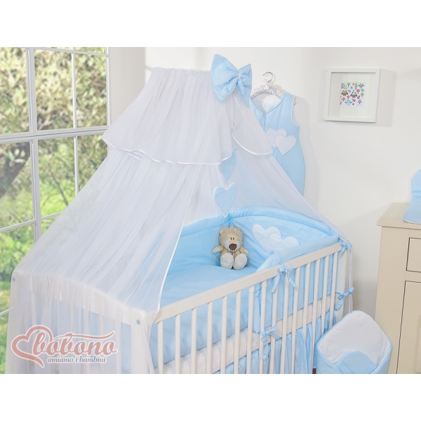 Set Biancheria da Letto con Zanzariera e Paracolpi 11 parti Blu a Strisce Cuori