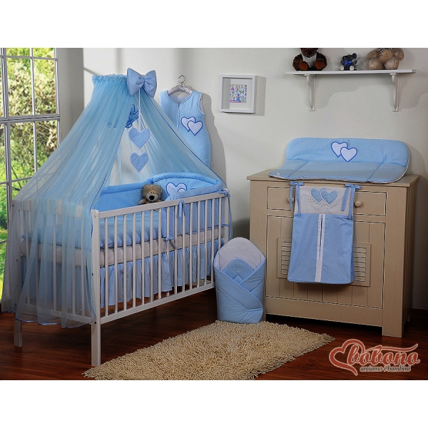Set Biancheria da Letto con Zanzariera e Paracolpi 11 parti Blu Cuori