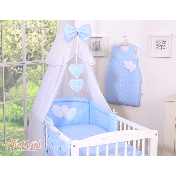 Set Biancheria da Letto con Zanzariera e Paracolpi 11 parti Blu Pois Bianchi Cuori