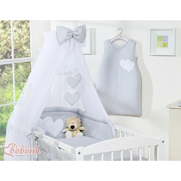 Set Biancheria da Letto con Zanzariera e Paracolpi 11 parti Grigio Cuori