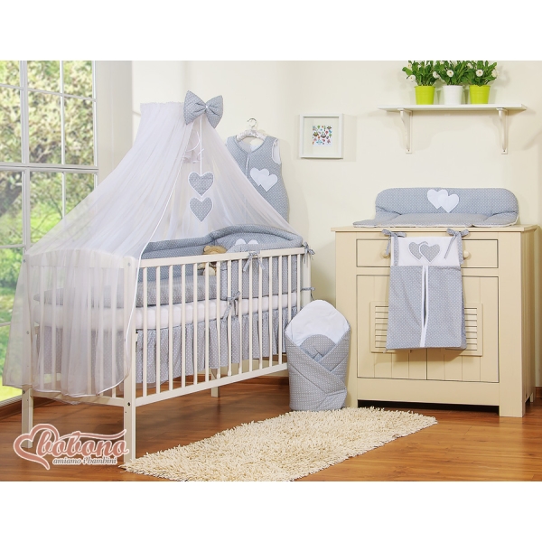 Set Biancheria da Letto con Zanzariera e Paracolpi 11 parti Grigio Pois Bianchi Cuori