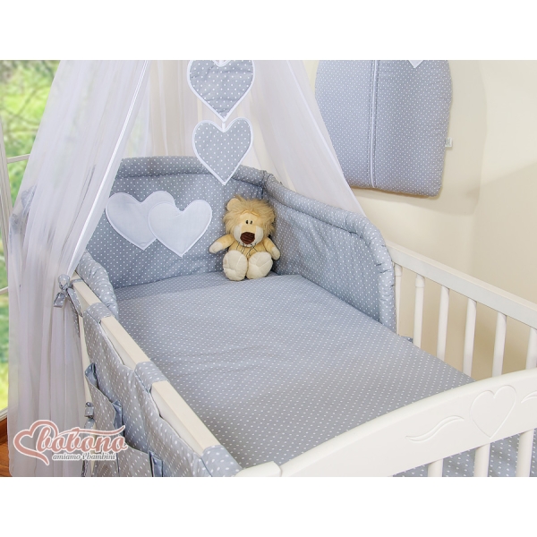 Set Biancheria da Letto con Zanzariera e Paracolpi 11 parti Grigio Pois Bianchi Cuori