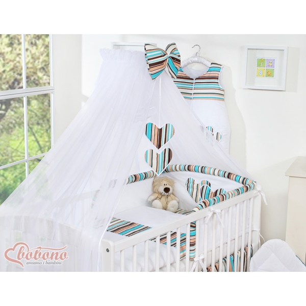 Set Biancheria da Letto con Zanzariera e Paracolpi 11 parti Marrone a Strisce Cuori