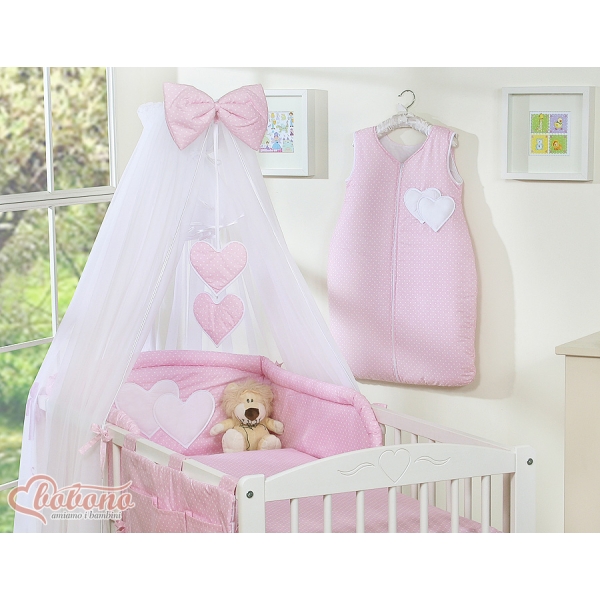 Set Biancheria da Letto con Zanzariera e Paracolpi 11 parti Rosa Pois Bianchi Cuori