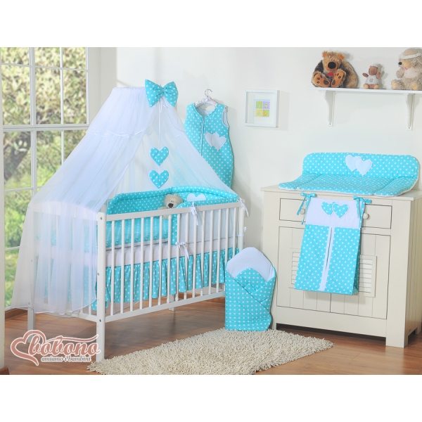 Set Biancheria da Letto con Zanzariera e Paracolpi 11 parti Turchese Pois Bianchi Cuori