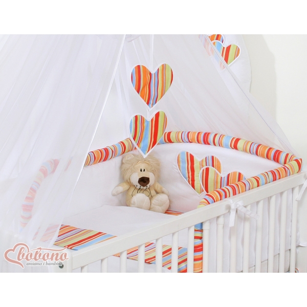 Set Biancheria da Letto con Zanzariera e Sacco Nanna 11 parti Arancio a Strisce Cuori