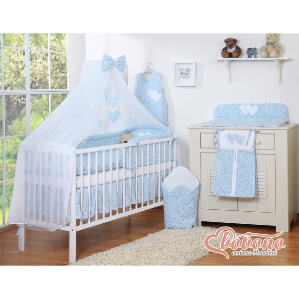 Set Biancheria da Letto con Zanzariera e Sacco Nanna 11 parti Blu Fiori Fiori Cuori