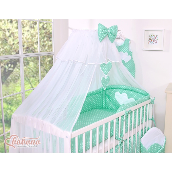 Set Biancheria da Letto con Zanzariera e Sacco Nanna 11 parti Menta Pois Bianchi Cuori