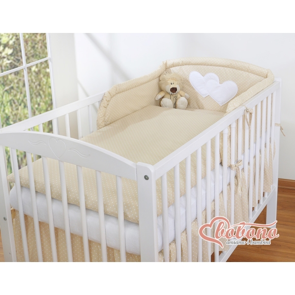 Set Biancheria De Lettino 3 parti Beige Pois Bianchi Cuori