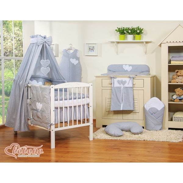Set Biancheria Notte 7 parti Para Bambino Grigio Pois Bianchi Cuori