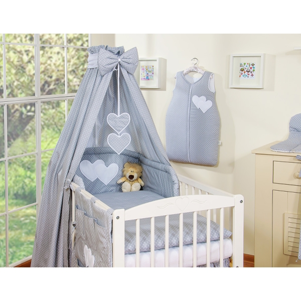 Set Biancheria Notte 7 parti Para Bambino Grigio Pois Bianchi Cuori