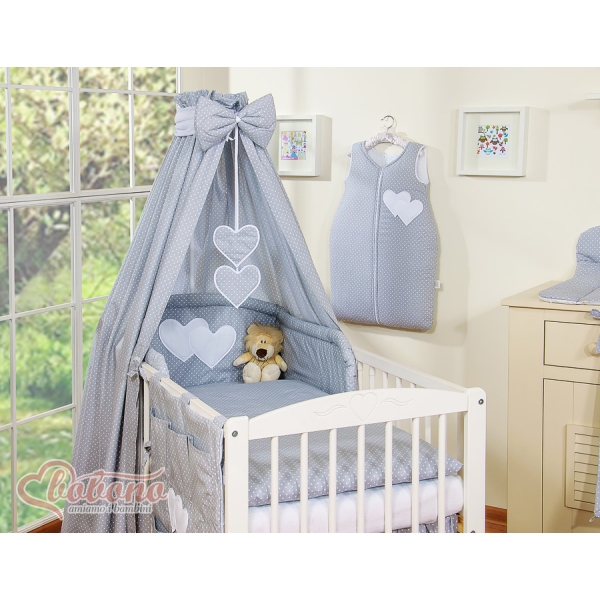 Set Biancheria Notte 7 parti Para Bambino Grigio Pois Bianchi Cuori