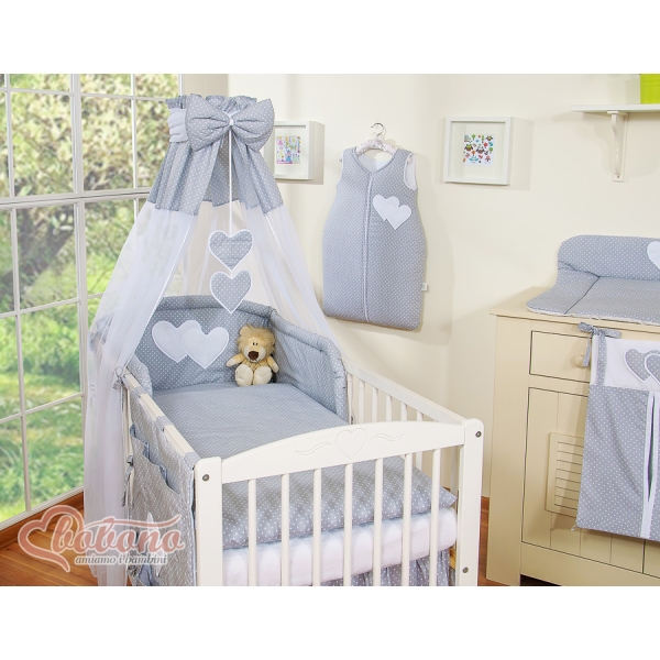 Set Biancheria Notte 7 parti Para Bambino Grigio Pois Bianchi Cuori