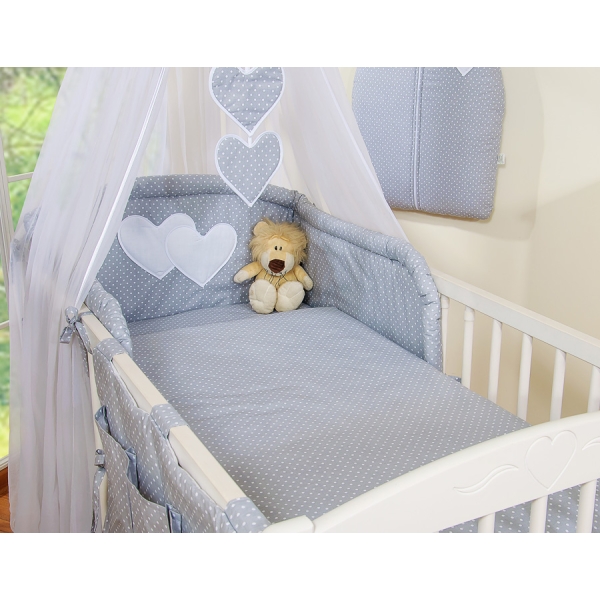 Set Biancheria Notte 7 parti Para Bambino Grigio Pois Bianchi Cuori