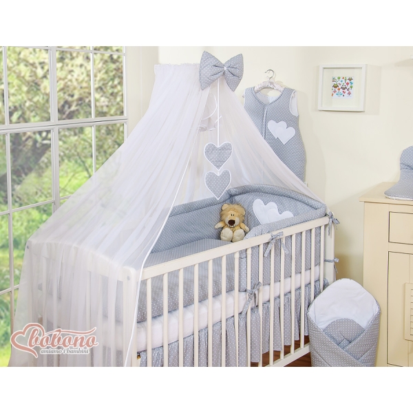 Set Biancheria Notte 7 parti Para Bambino Grigio Pois Bianchi Cuori