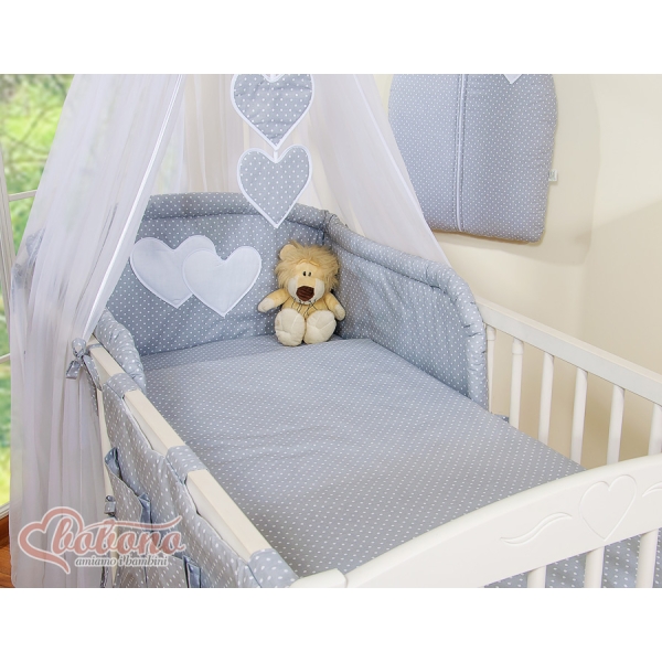 Set Biancheria Notte 7 parti Para Bambino Grigio Pois Bianchi Cuori