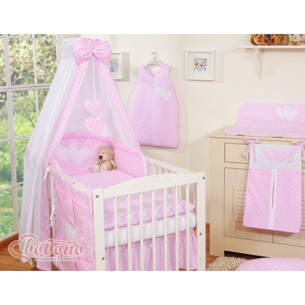 Set Biancheria Notte 7 parti Para Bambino Rosa Pois Bianchi Cuori