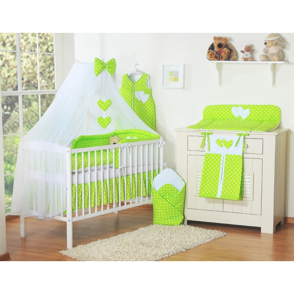 Set Biancheria Notte 7 parti Para Bambino Verde Pois Bianchi Cuori