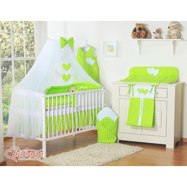Set Biancheria Notte 7 parti Para Bambino Verde Pois Bianchi Cuori