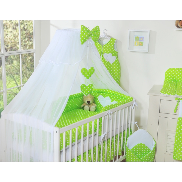 Set Biancheria Notte 7 parti Para Bambino Verde Pois Bianchi Cuori