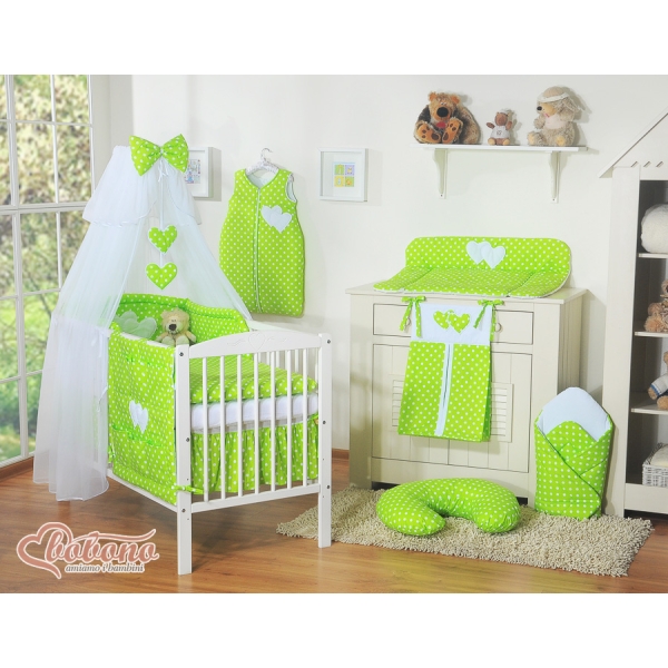 Set Biancheria Notte 7 parti Para Bambino Verde Pois Bianchi Cuori