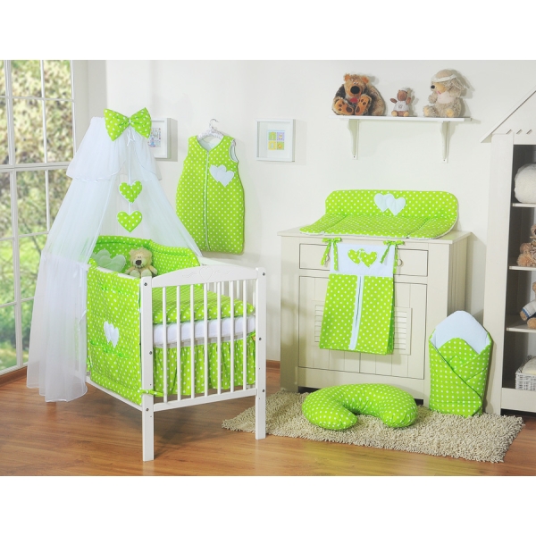 Set Biancheria Notte 7 parti Para Bambino Verde Pois Bianchi Cuori
