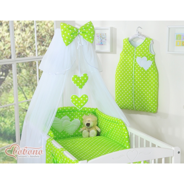 Set Biancheria Notte 7 parti Para Bambino Verde Pois Bianchi Cuori