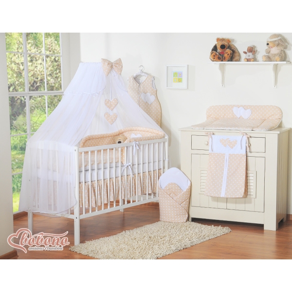 Set Biancheria Notte 7 parti Para Neonato Beige Pois Bianchi Cuori