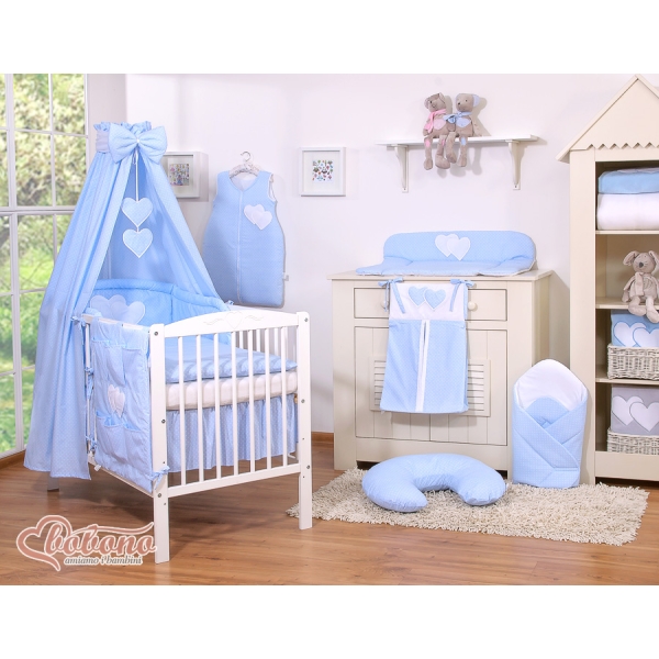 Set Biancheria Notte 7 parti Para Neonato Blu Pois Bianchi Cuori