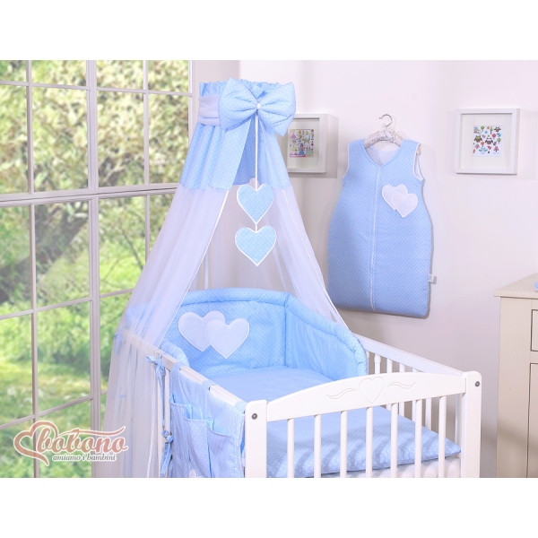 Set Biancheria Notte 7 parti Para Neonato Blu Pois Bianchi Cuori